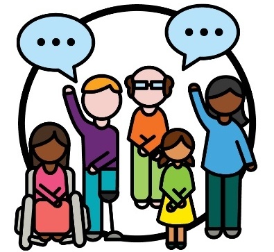 A group of people. Above them are 2 speech bubbles.