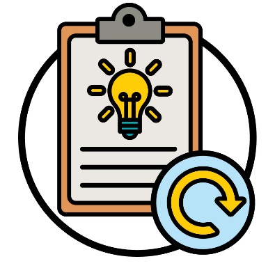A clipboard showing a lightbulb next to an update icon, which is an arrow in a circle.