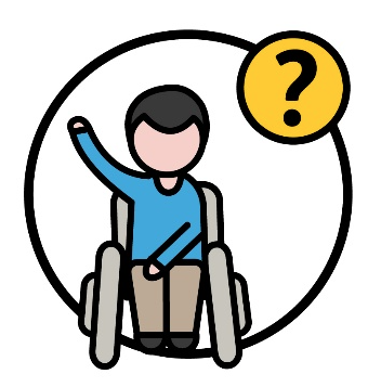 A person with disability with their hand raised. Above is a question mark.