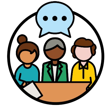 3 people at a desk with a speech bubble above.