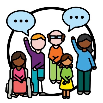 A group of people. Above them are 2 speech bubbles.