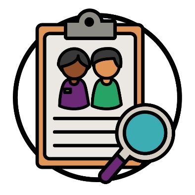 A clipboard with an icon of 2 people on it. Next to the clipboard is a magnifying glass. 