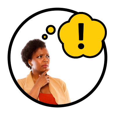 A person looking worried next to a thought bubble with a problem icon in it.