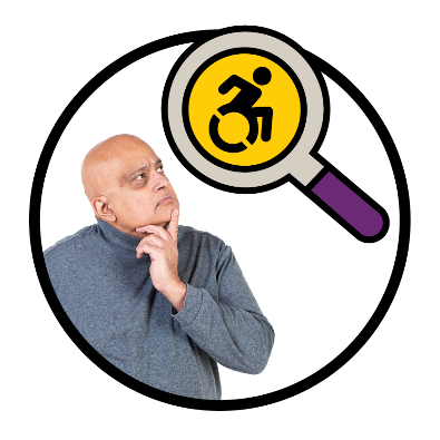 A person looking worried next to a magnifying glass showing a disability icon.