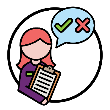 An NDIA worker next to a speech bubble showing a tick and a cross.