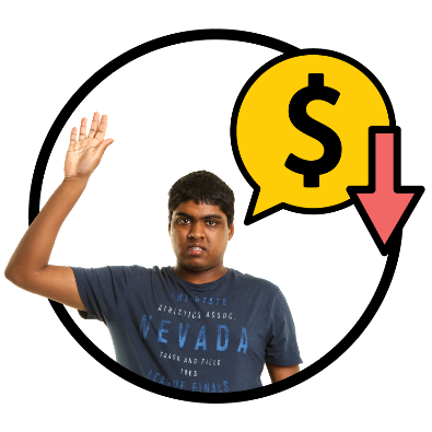A participant raising their hand. There is a speech bubble next to them showing a dollar sign and an arrow pointing down.