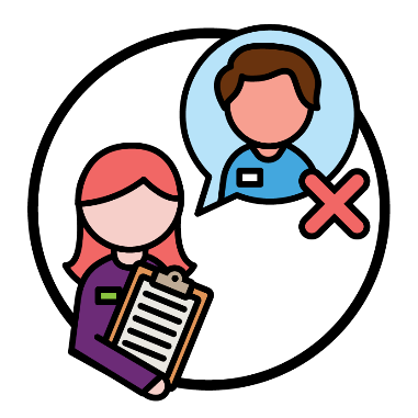 An NDIA worker next to a speech bubble showing a support person. There is a cross next to the speech bubble.