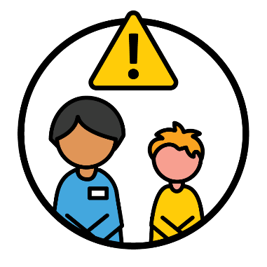 A support person and a child beneath a problem icon.