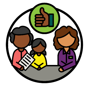 An NDIA worker supporting a parent and a child. There is a thumbs up icon above them.