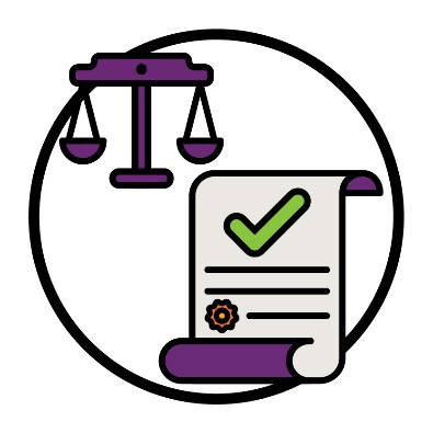 A legal document with a tick next to a balanced set of scales.