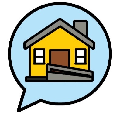 A house inside a speech bubble. 