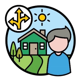 A person in front of a house. Above them is an arrow pointing in 3 different directions.