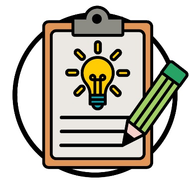 A clipboard with a document that has a lightbulb on it. A pencil is writing on the document.