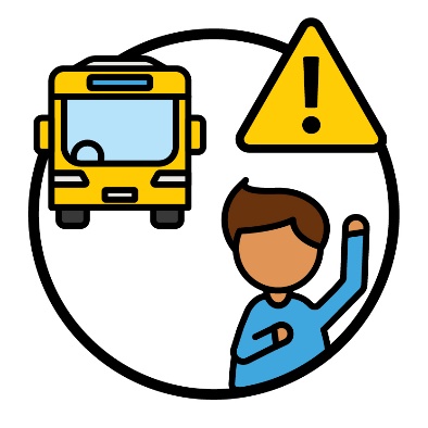 A problem icon above a person pointing to themself with their hand raised. Next to them is a bus.