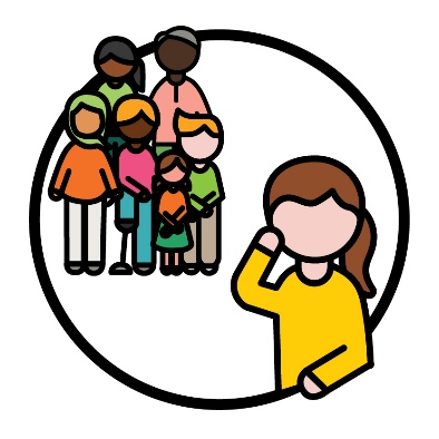 A person looking worried. Behind them is a group of people standing together.