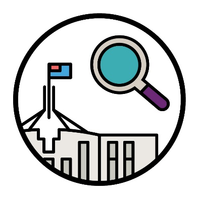 A magnifying glass and the Australian Government building.