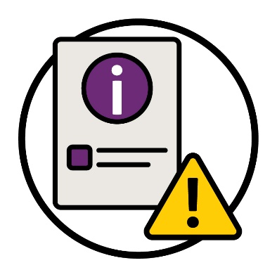 A document with an information icon and a small amount of writing. Below is a problem icon.