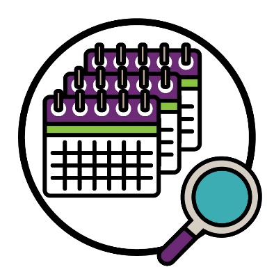 A stack of 3 calendars next to a magnifying glass.