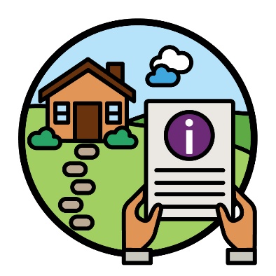 A house on a hill in the country. In front is someone holding a document showing an information icon.