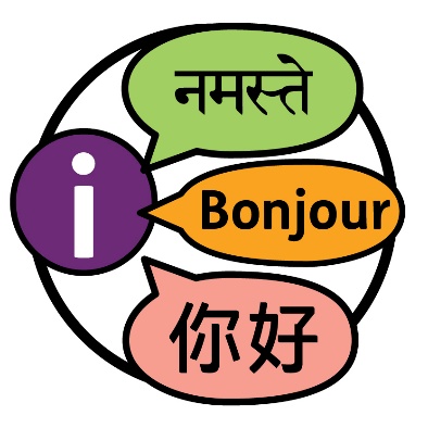An information icon and 3 speech bubbles showing different languages.