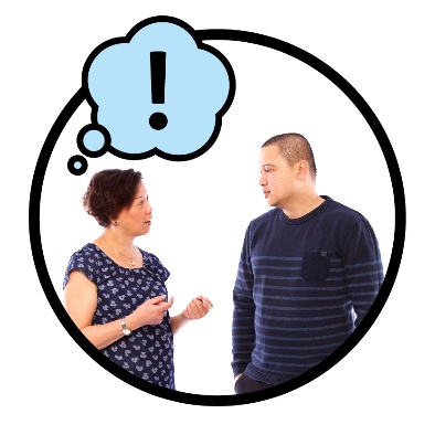 A person talking to someone. They have a thought bubble showing an exclamation mark.