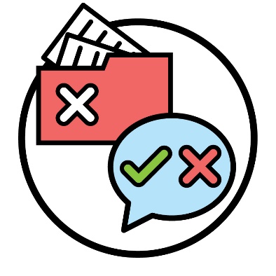 A folder a cross on it with 2 documents inside. Below is a speech bubble showing a tick and a cross.