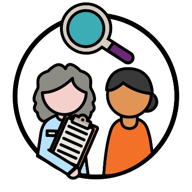 2 people, one is holding a clipboard. Above is a magnifying glass. 