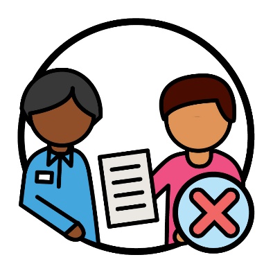 A person giving a document to a support worker. Below is a cross.