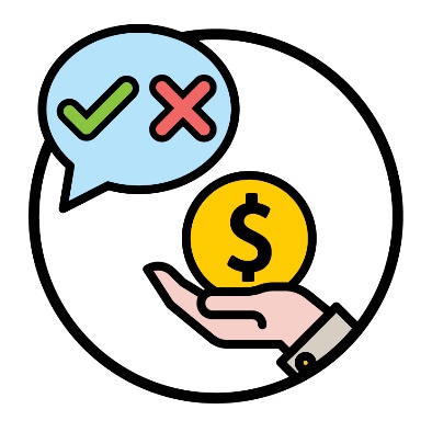 A speech bubble showing a tick and a cross above a hand holding a money icon.