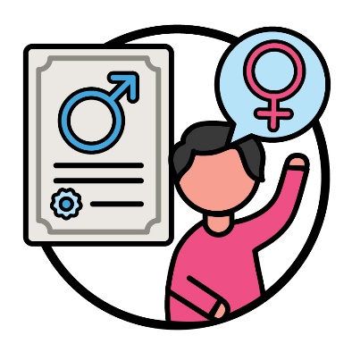 A birth certificate showing a male symbol next to a person with their hand raised. They have a speech bubble showing a female symbol.