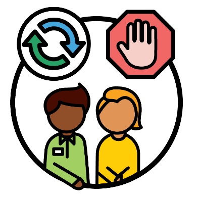 A change icon and a stop icon above a person supporting someone.