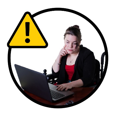 A problem icon next to a person using a laptop and looking upset.