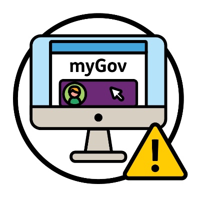 A computer screen showing the MyGov website and a mouse cursor over a button with a profile image. Below is a problem icon.