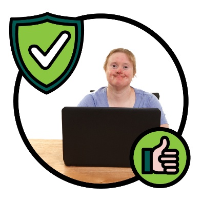 A safety icon and a person using a laptop and smiling. Below is a thumbs up.
