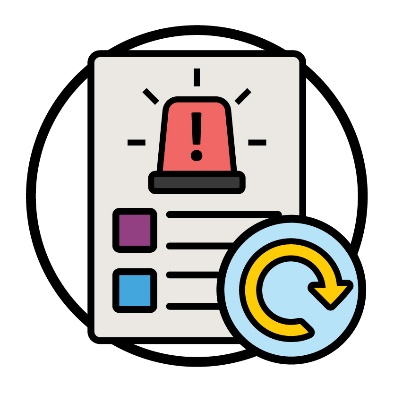 A plan showing an emergency icon. Below is a curved arrow to show an update.