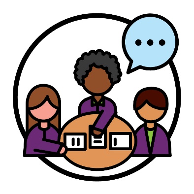 3 NDIA workers around a table. 2 are pointing at documents and one has a speech bubble.