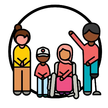 A diverse group of people. 1 person is raising their hand.