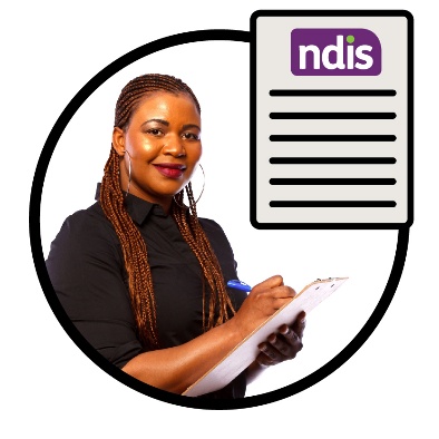 A person writing on a clipboard. Above is an NDIS plan.
