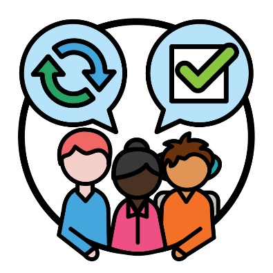 3 people with 2 speech bubbles above them. A change icon is in one speech bubble and a tick in the other. 