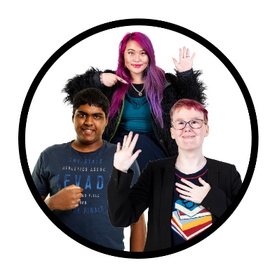 3 people pointing to themself and raising their other hand. 
