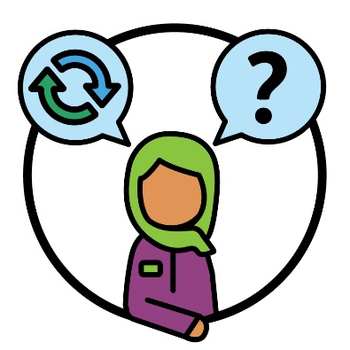 An NDIA worker with 2 speech bubbles above them. A change icon is in one speech bubble and a question mark in the other. 