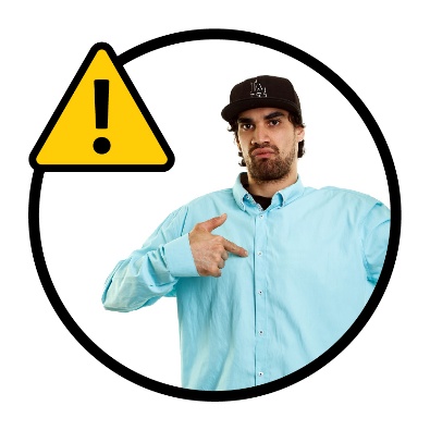 A person pointing to themself next to a problem icon. 