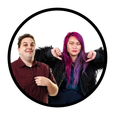 One person pointing to themself and one person giving 2 thumbs down. 