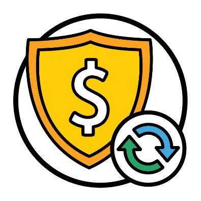 A dollar sign inside a shield, Next to the shield is a change icon. 