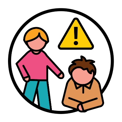Someone standing over another person next to a problem icon. 