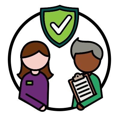 An NDIA worker next to a person holding a clipboard. Above them is a safety icon. 