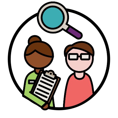 2 people and one is holding a clipboard. Above them is a magnifying glass.