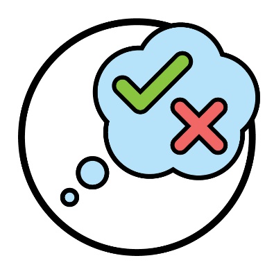 A cross and a tick inside a thought bubble. 