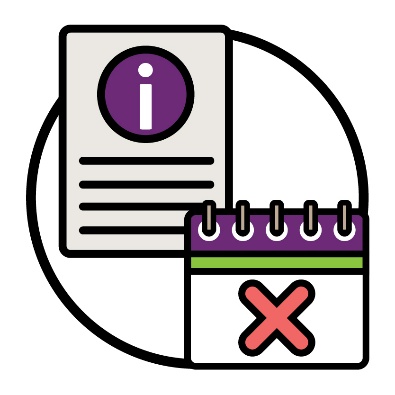 A document with an information icon on it and a calendar with a cross. 