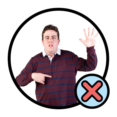 A person pointing to themself next to a cross icon. 